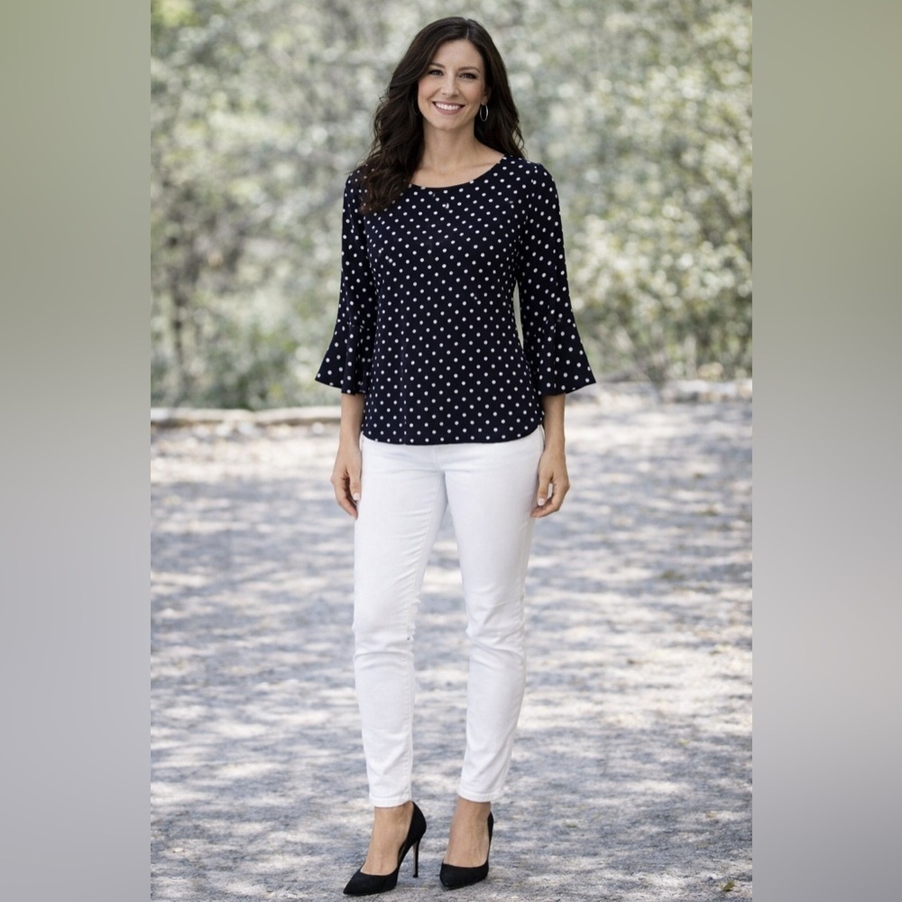 GREEN ENVELOPE Women's Large Blue with White Dots Bell Sleeve Top